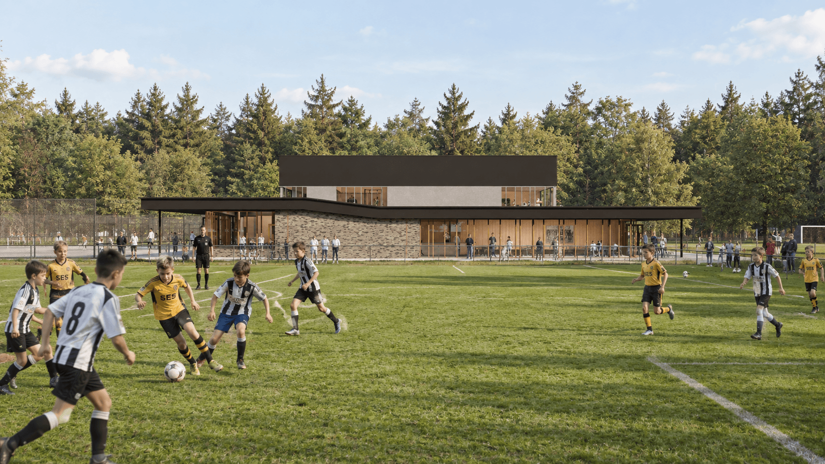 Ontwerpvisualisatie van Sporthart Langenboom: een gedeelde sportaccommodatie aan de velden